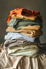 Neatly folded shirts on a cozy bed, perfect for home organization projects