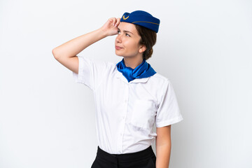 Airplane stewardess caucasian woman isolated on white background having doubts and with confuse face expression