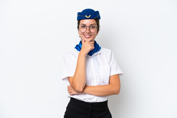 Airplane stewardess caucasian woman isolated on white background with glasses and smiling