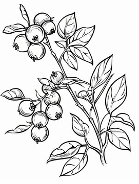 Detailed botanical drawing of ripe blueberries on a branch with green leaves. Perfect for botany and food illustration enthusiasts looking for a realistic and intricate image to use in their projects.