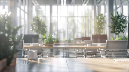 Modern open space office with rows of computer tables bright sunlight. AI generated image