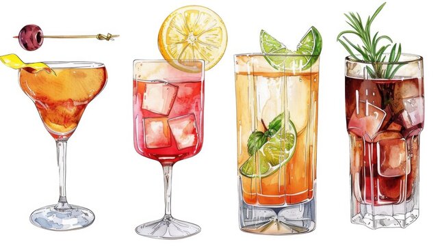A variety of colorful cocktails on display. Perfect for menus or bar advertisements