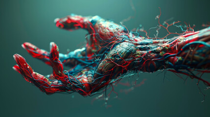 A hand with red and blue veins is shown in a close up. The veins are twisted and tangled, giving the impression of a diseased or damaged hand. Concept of unease and discomfort