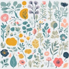 A collection of seamless pattern, colorful abstract plants and flowers. Hand drawn Collection of leaves and flowers. A close up of a pattern of flowers and leaves.
