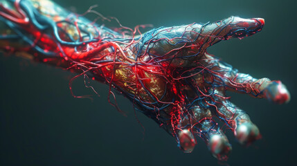 A hand with red and blue veins is shown in a close up. The veins are twisted and tangled, giving the impression of a diseased or damaged hand. Concept of unease and discomfort