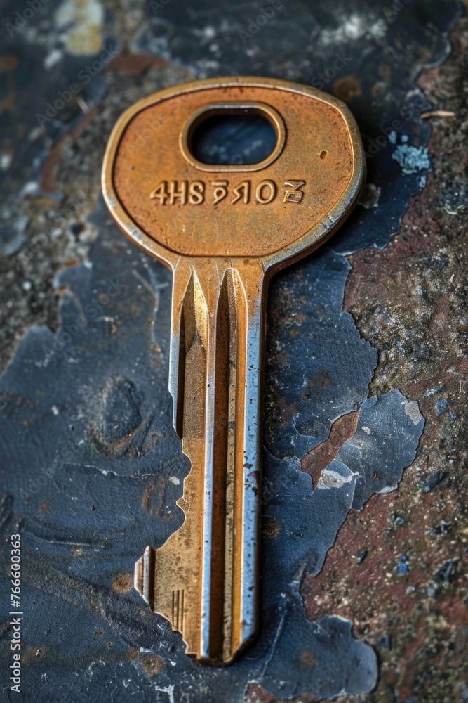 Poster Detailed view of a key on a flat surface, suitable for security or access concepts