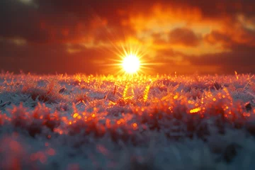 Foto op Canvas A scorching sun radiating heat onto a field covered with frost, illustrating the delicate equilibrium between fire and ice. Concept of celestial balance. Generative Ai. © Sebastian