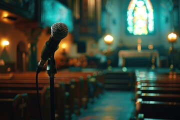 A microphone placed in front of a church, suitable for religious events