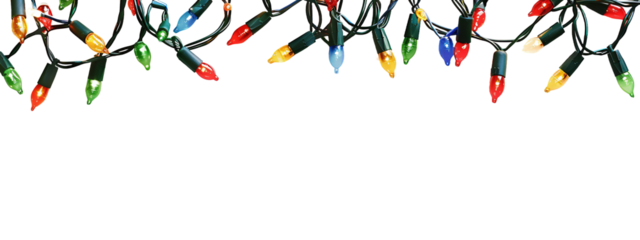 Christmas lights decoration border isolated on white or transparent background