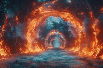 An inferno raging within an icy cavern, illustrating the clandestine battle between opposing elements. Concept of subterranean conflict. Generative Ai.