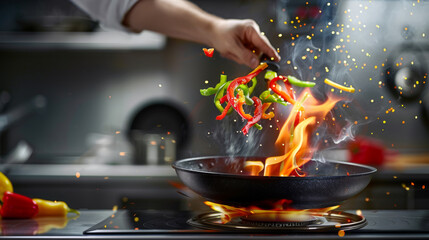 A pan with colorful vegetables is being flambeed on a gas stove.