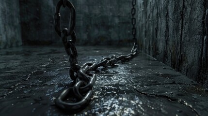 A chain securely fastened to a concrete wall. Ideal for industrial, security, or imprisonment concepts