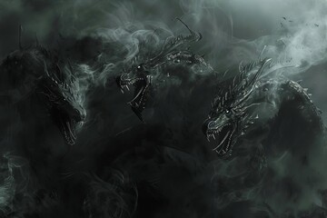 Ferocious shadow dragons shrouded in darkness, exuding formidable power, fantasy concept illustration - obrazy, fototapety, plakaty