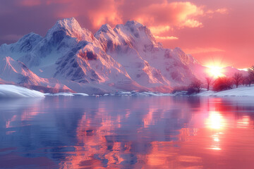 Glacial peaks reflecting the warm hues of a setting sun, illustrating the serene interplay of...