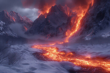 A river of molten lava coursing through an icy canyon, illustrating the dramatic encounter of fire...