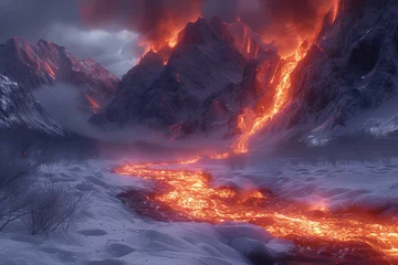 Wandaufkleber A river of molten lava coursing through an icy canyon, illustrating the dramatic encounter of fire and ice. Concept of geological drama. Generative Ai. © Sebastian