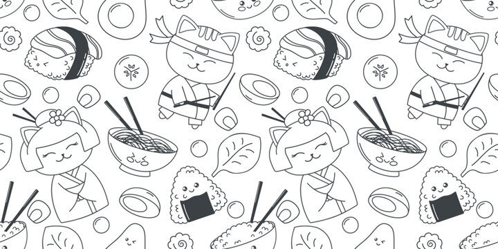 Japanese seamless pattern in kawaii style for kids with cats and sushi on transparent background. Line drawing. Vector illustration EPS10