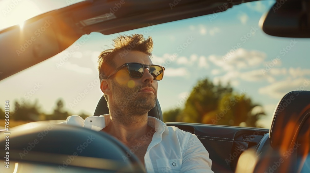 Poster a man sitting in the driver's seat of a car. suitable for transportation concepts