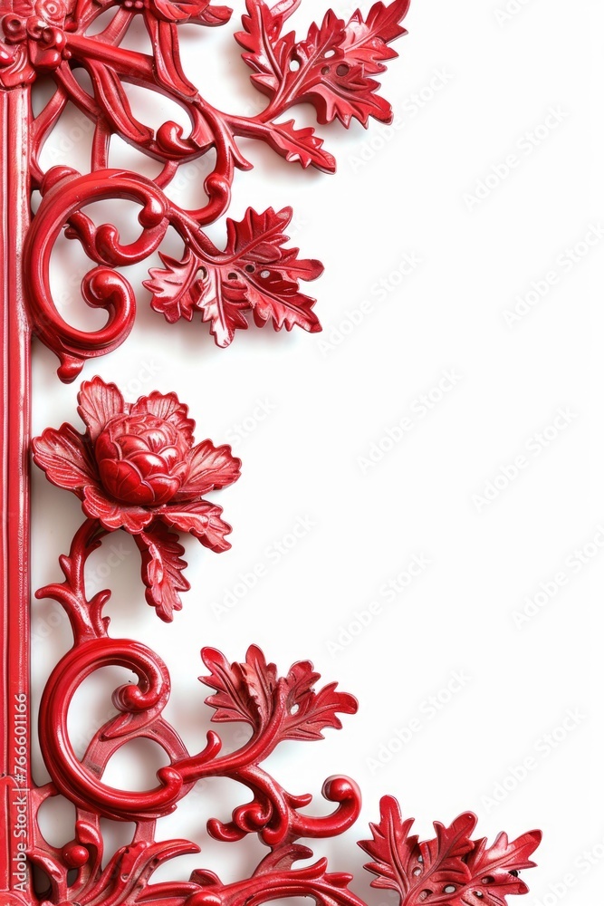 Poster a detailed view of a red frame hanging on a wall. ideal for interior design projects