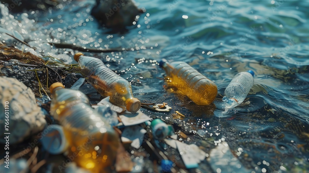 Poster plastic bottles floating on the surface of a body of water. can be used to raise awareness about pol
