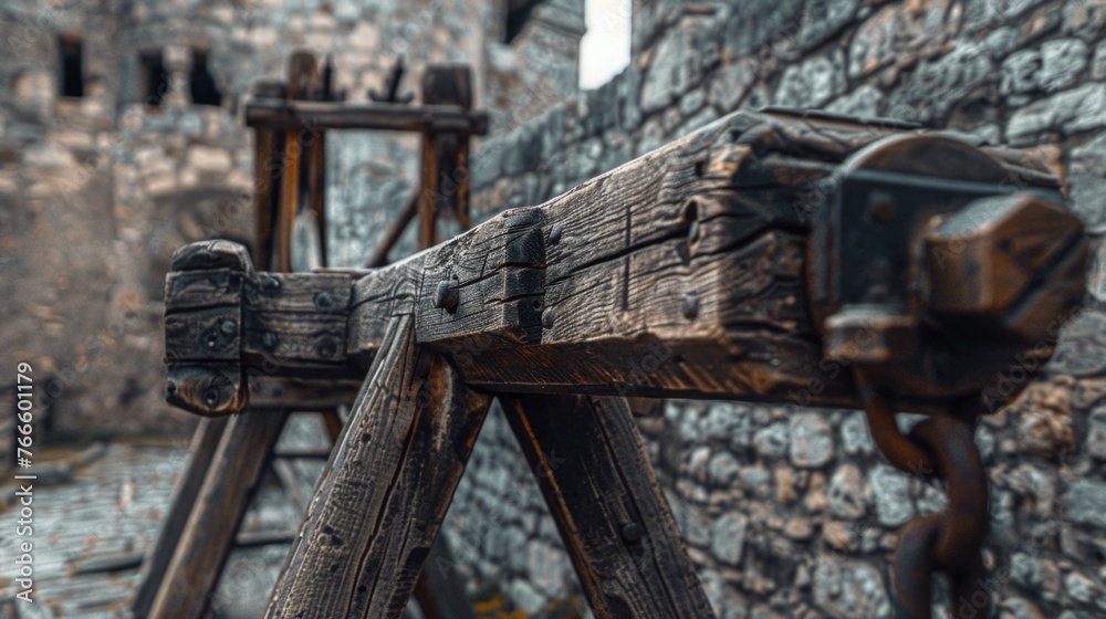 Poster close up of a wooden structure near a stone wall. perfect for architectural design projects