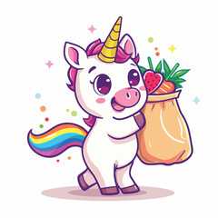 A CUTE UNICORN IS BRINGING A BAG OF FOOD CARTOON IL