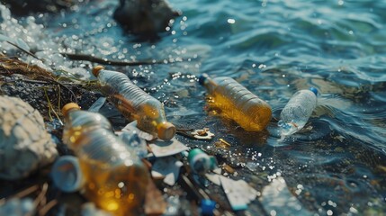 Plastic bottles floating on the surface of a body of water. Can be used to raise awareness about pollution - obrazy, fototapety, plakaty