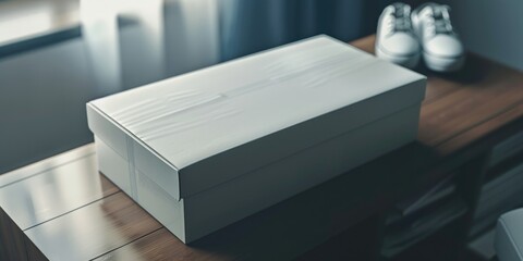 A white shoe box placed on a wooden table. Suitable for product packaging mockups