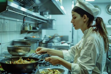 Woman in a chef's hat cooking in a kitchen. Perfect for culinary concepts