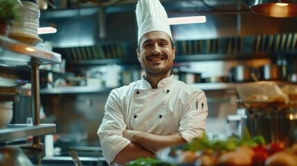 A man in a chef's hat standing in a kitchen. Ideal for culinary concepts