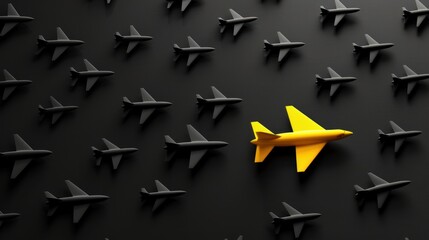 Top view A yellow leader plane leading other black planes isolated dark background. AI generated