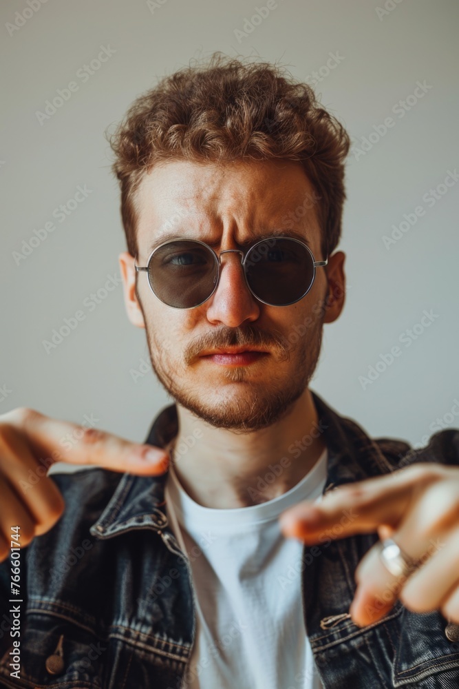 Poster a man in a denim jacket and sunglasses pointing. suitable for business or communication concepts