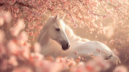 Obraz na płótnie Canvas An ethereal white horse lies beneath a canopy of pink cherry blossoms, immersed in the warm, diffused light of a tranquil orchard