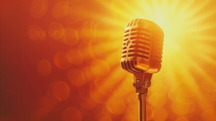 An old fashioned microphone with sun shining behind it. Ideal for music and performance concepts