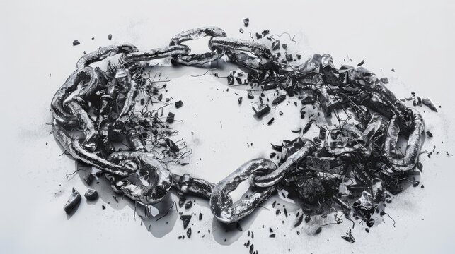 A broken chain displayed on a white background. Perfect for illustrating concepts of freedom, liberation, or independence