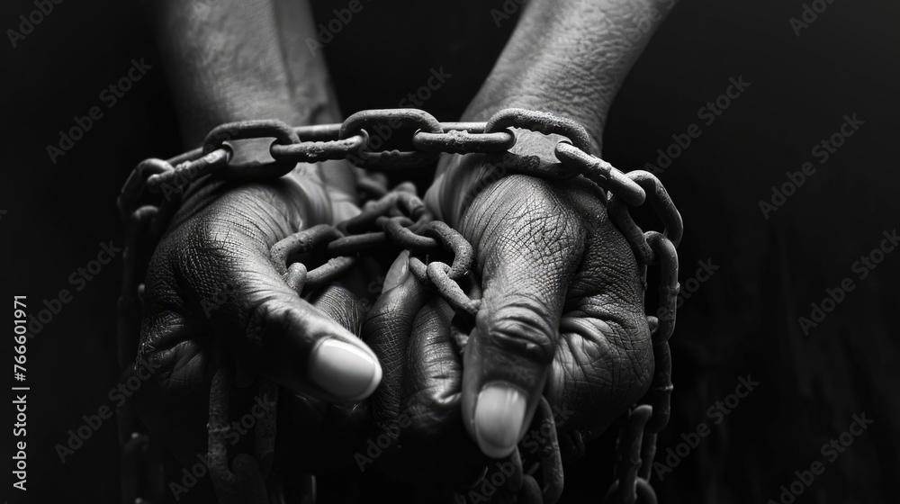 Poster Close-up of hands holding a metal chain, useful for illustrating concepts of strength or connection