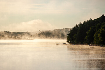 Morning fog on a cottaged lake