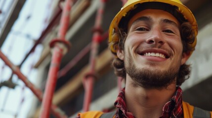 A man wearing a hard hat and plaid shirt, suitable for construction or industrial concepts