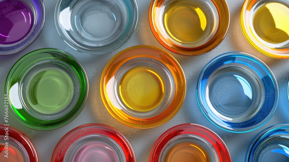 Poster a variety of colorful cups in a close-up shot. ideal for beverage concepts