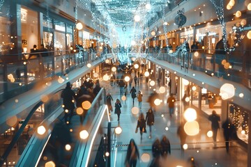 Blurred image of a crowded shopping mall during Christmas time with people shopping and preparing...
