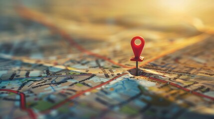 Obraz premium Location marking with a pin on a map with routes. Find your way. Adventure, discovery, navigation, communication, logistics, geography, transport and travel theme concept background.