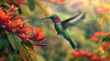 Fototapeta premium Beautiful hummingbird in flight near a colorful flower. Suitable for nature and wildlife themes
