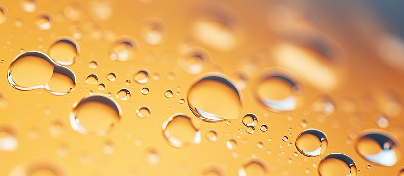 An extreme close-up image of a bottle filled with a golden yellow liquid, covered with droplets of water