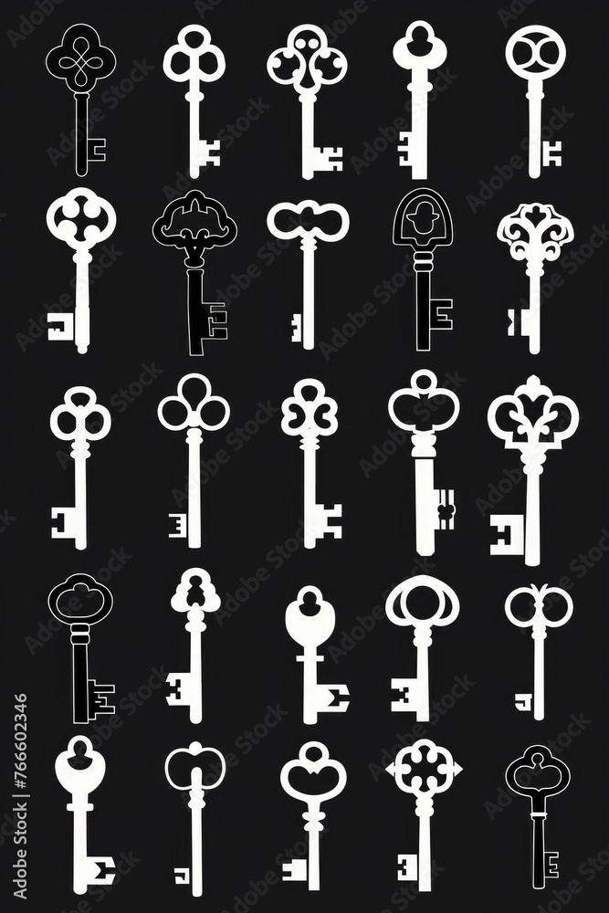 Poster Collection of keys on a dark surface, suitable for security concepts