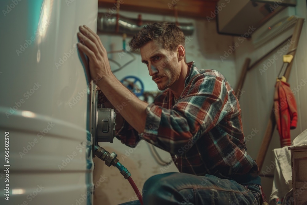 Poster a man working on a water heater in a garage. suitable for home improvement projects