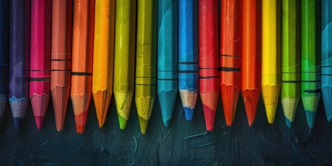 Colorful pencils lined up in a row, suitable for educational and artistic concepts - obrazy, fototapety, plakaty