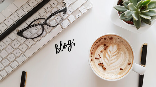 A white keyboard, black glasses, coffee cup, and the word "Blog" with two succulent plants occupy a desk space.