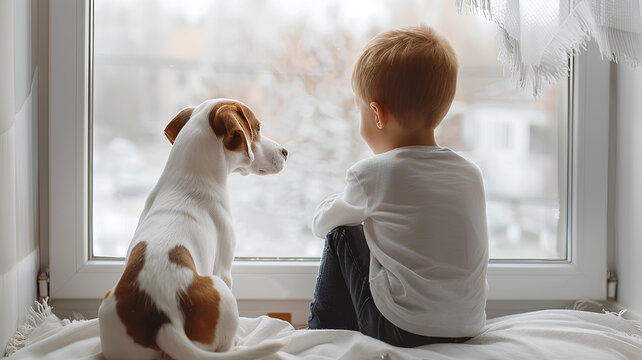 Little boy with his doggy friend waiting together near the window in white room
