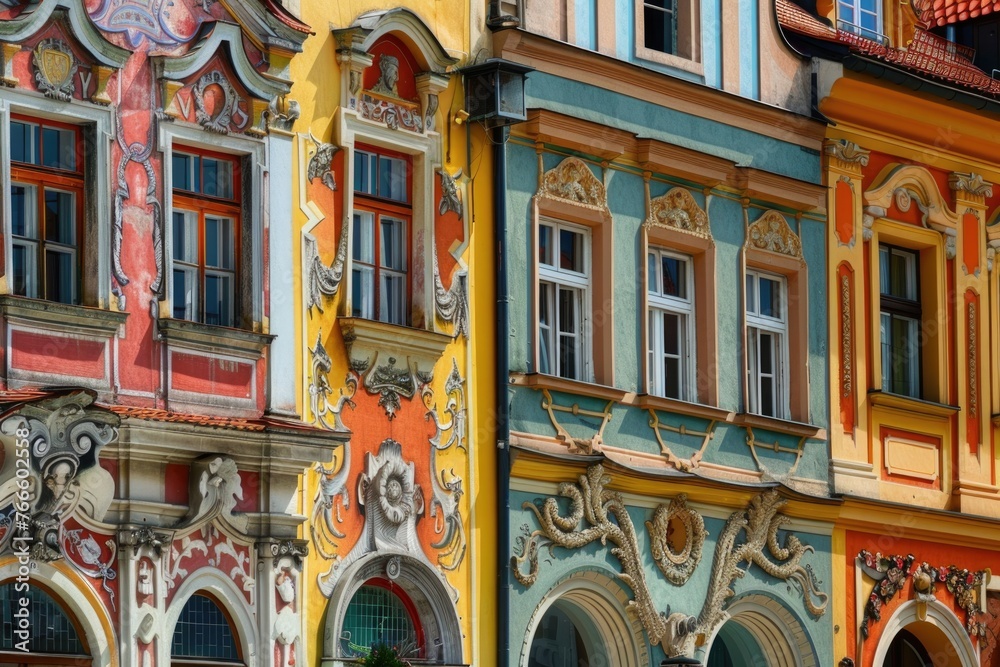 Poster Row of colorful buildings with clocks, suitable for travel and architecture concepts
