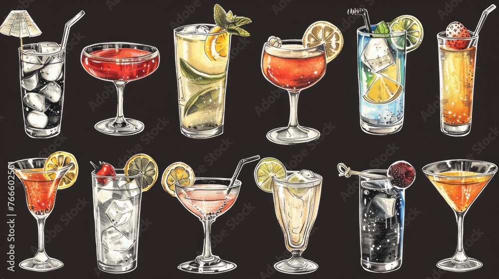 Poster a selection of different cocktail drinks. perfect for menu design or party invitations